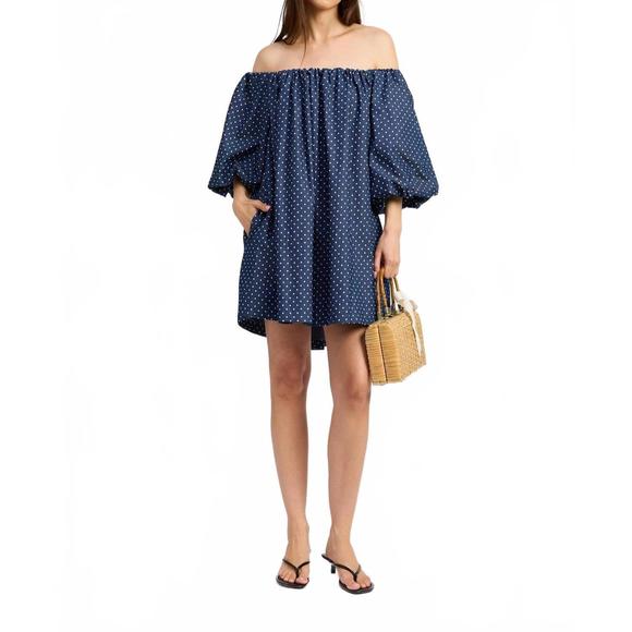 NEW EN SAISON bubble sleeve off shoulder mini dress in dark chambray white - Picture 1 of 3